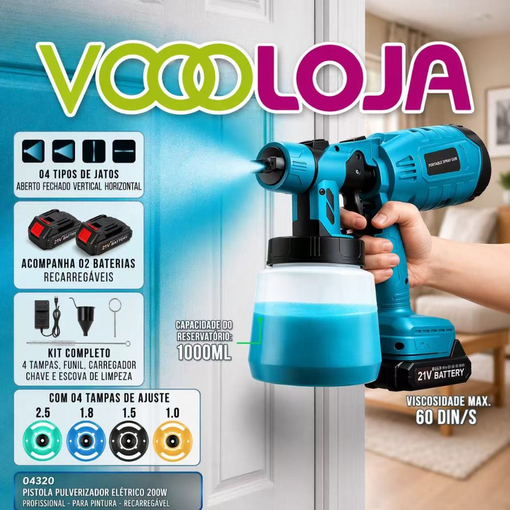 Pistola elétrica pulverizador e pintura automotivo 200W 1000ml com 02 bateria recarregavel