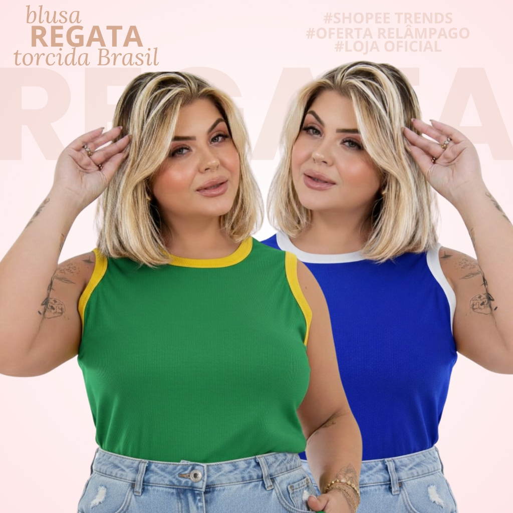Kit 2 Regata Blusa Plus Size Feminina Look Brasil Canelado Alta Elasticidade Torcida Praia Verão Até G4