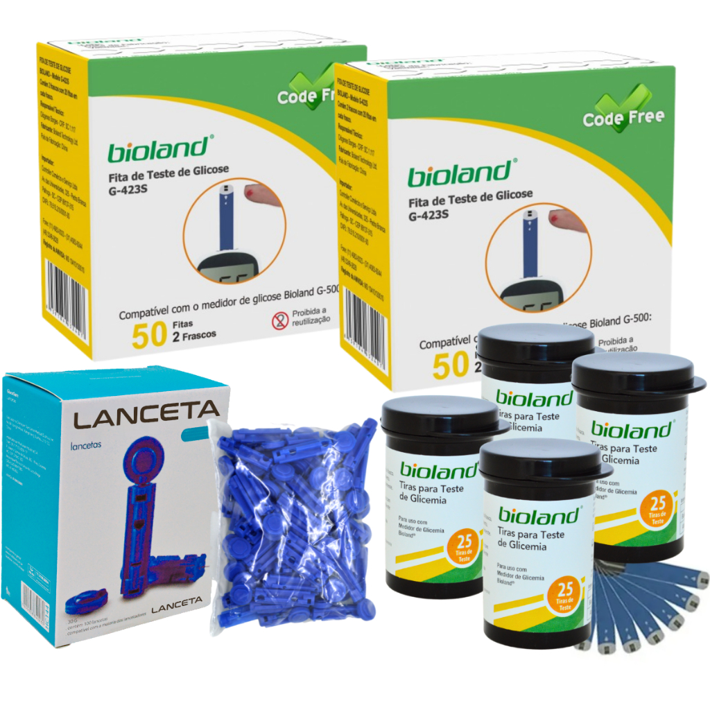 Kit Glicose 100 Fitas Bioland Tiras Glicemia 150 Lancetas