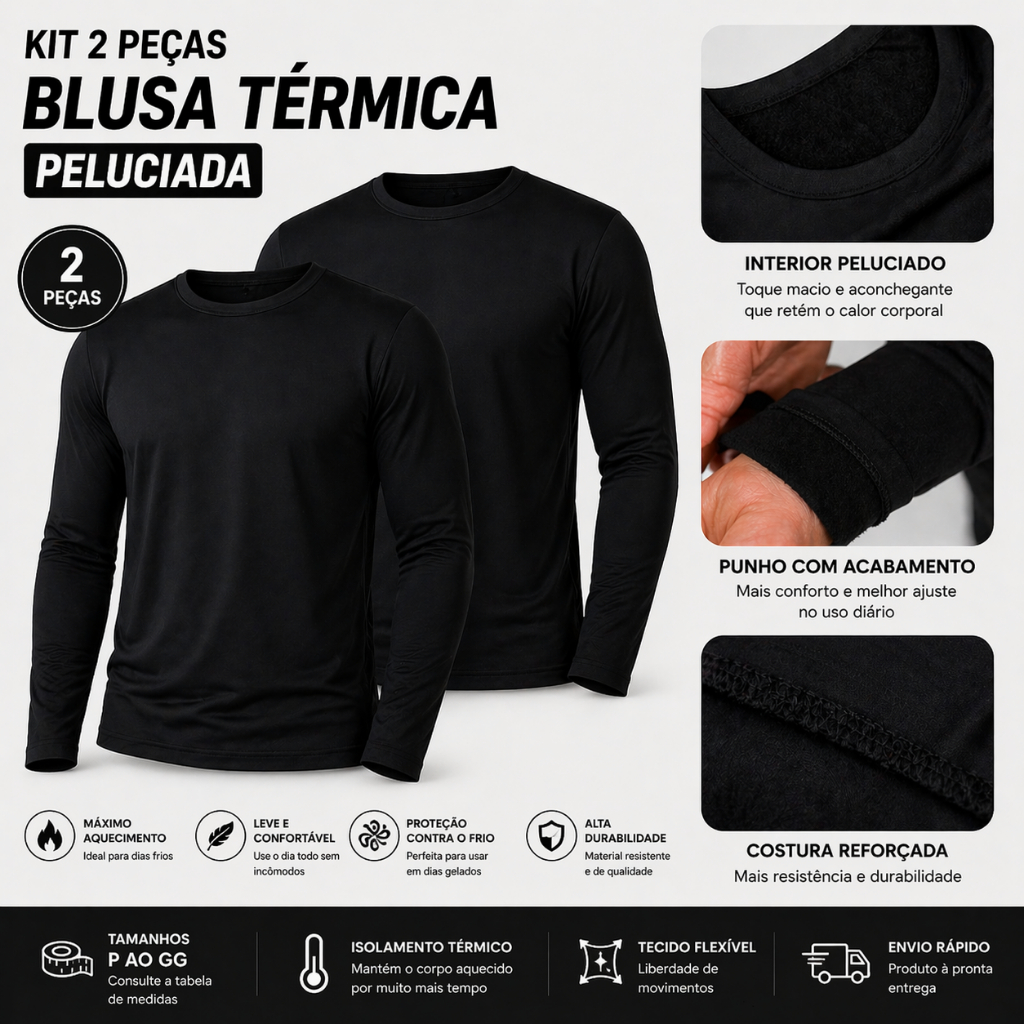 Camiseta Térmica Masculina Peluciada Manga Longa Inverno Proteção Contra Frio P ao GG