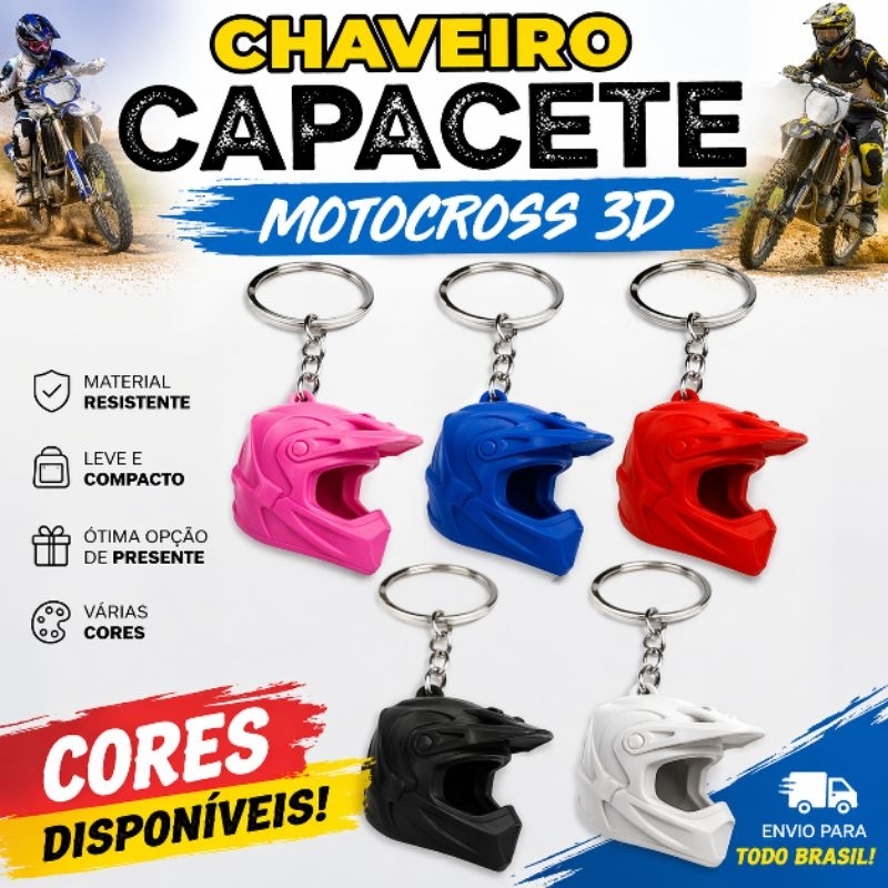 Chaveiro Capacete Motocross 3D Miniatura Moto Trilha Off Road Várias Cores