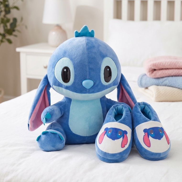 Kit Urso Stitch e Pantufa Super Macia Pelúcia e Pantufa Azul 45cm