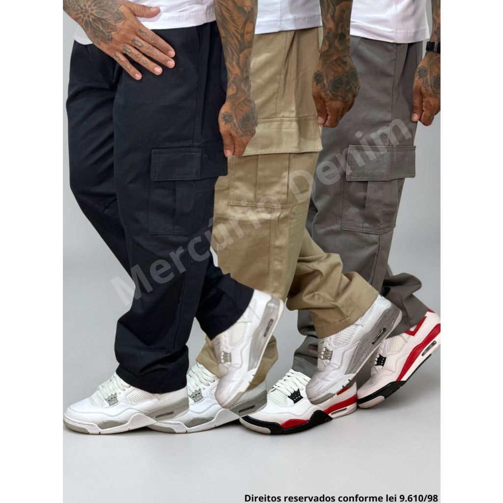 Kit 3 Calça Cargo Masculina Oversized Larga Sarja Jeans 100% Algodão 6 Bolsos Streetwear