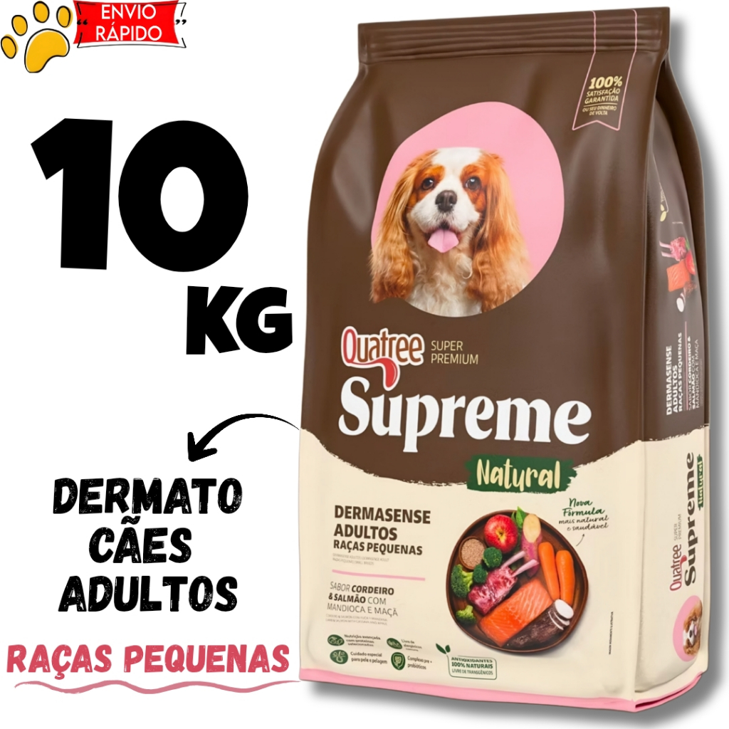 Ração Dermasense Quatree Supreme Dermato Raças Pequenas 10kg Pele e Pelagem Saudável Sem Corantes
