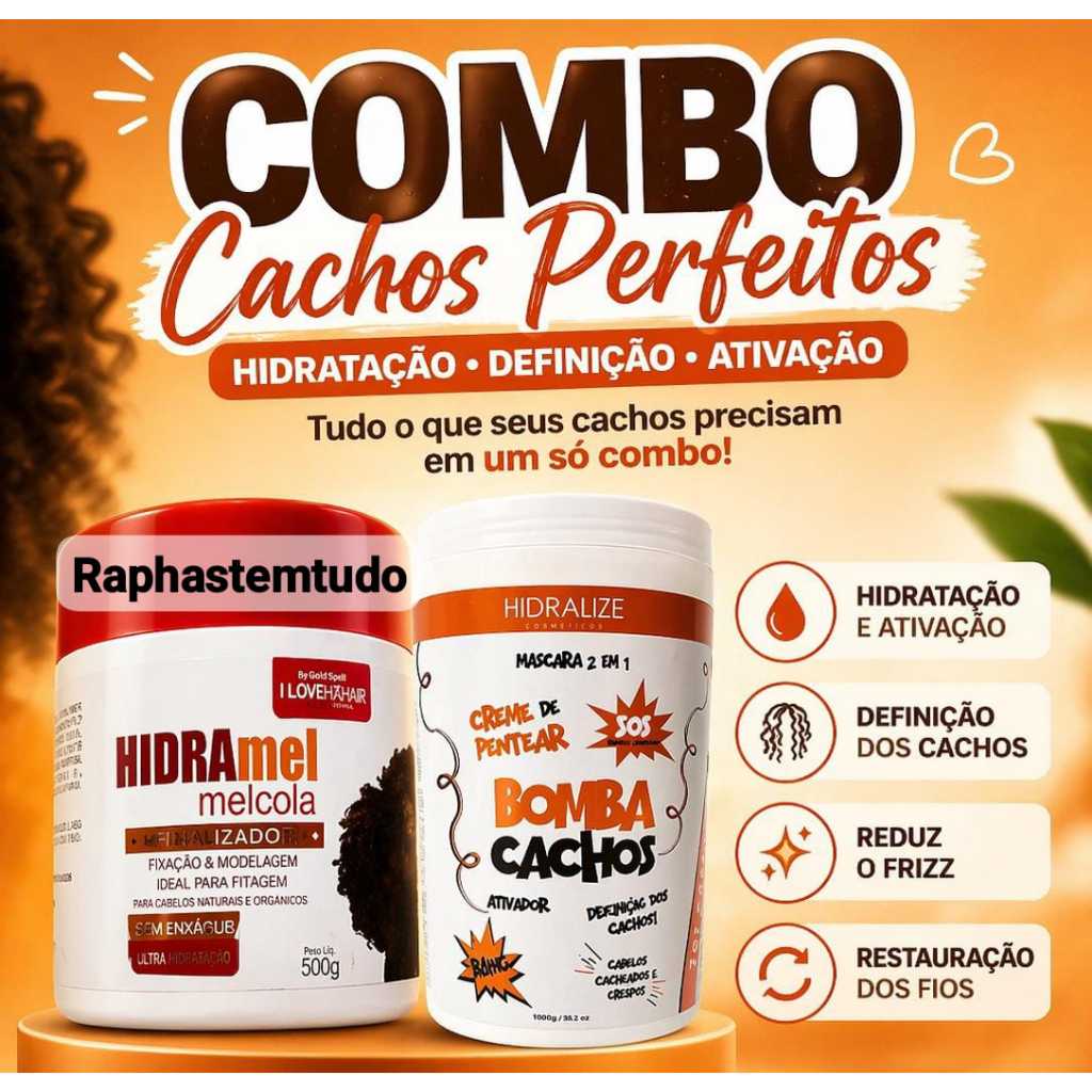 Kit Hidra Mel Cola Fitagem + Creme de Pentear Bomba Cachos