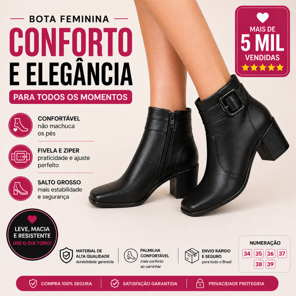 Bota Feminina Cano Curto Salto Grosso Confortável Bico Quadrado Fivela Elegante Dia a Dia