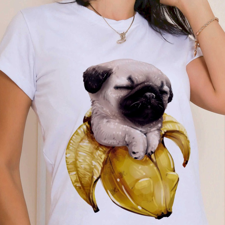 Camiseta blusa unissex estampa engraçada cachorro Pug Banana - Mãe pai de pet