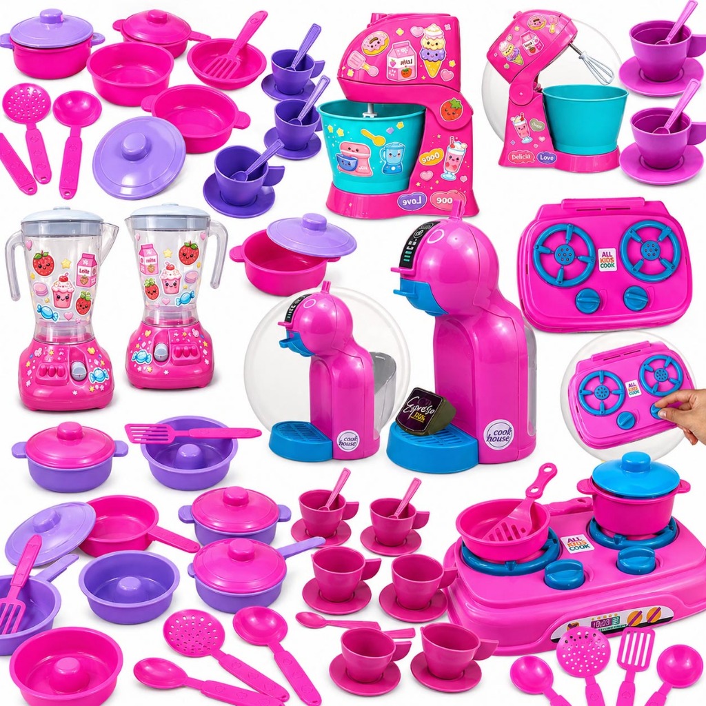 Imagem Kit Infantil Brinquedos de Casinha Cozinha Comidinha Cafeteira Expresso Eletro Menina Menino