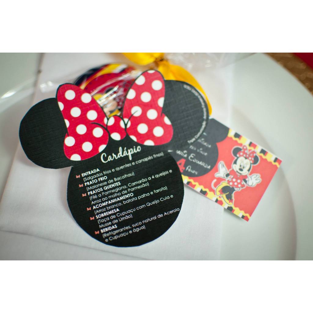 Kit Cardápio Personalizado Minnieee Festa Infantil 10x10 Papel Opaline 180g Decoração Luxo para Mesa
