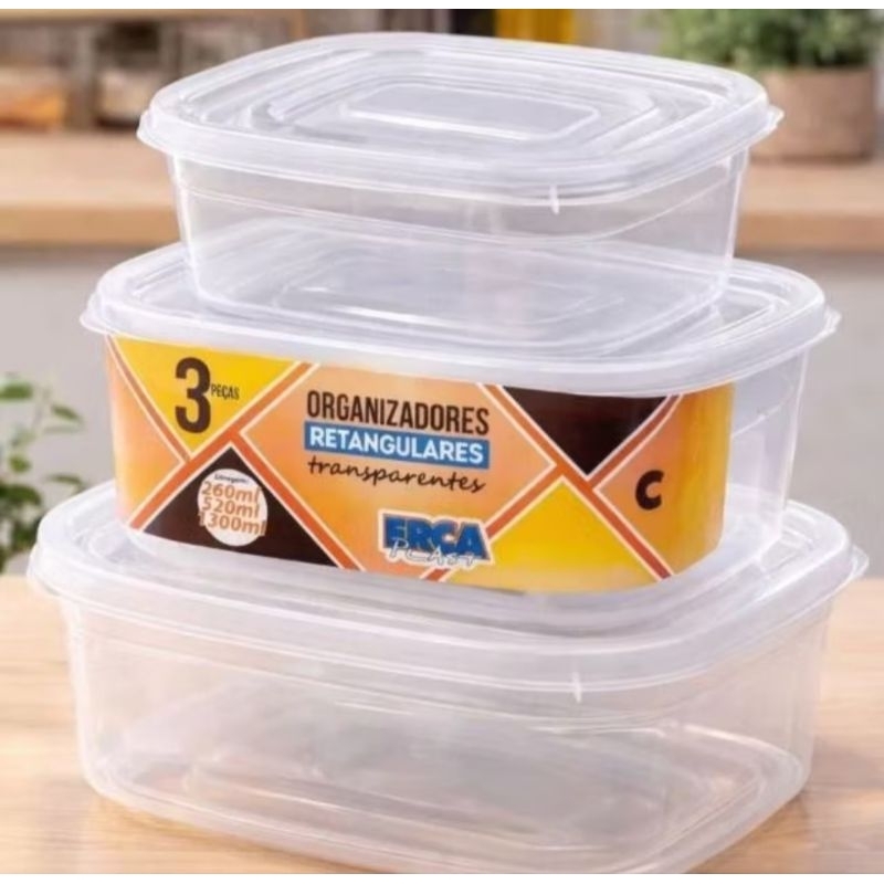 kit 3 potes organizadores transparente com tampa 260 ml 520 ml 1300 ml micro-ondas guarda mantimentos marmitas