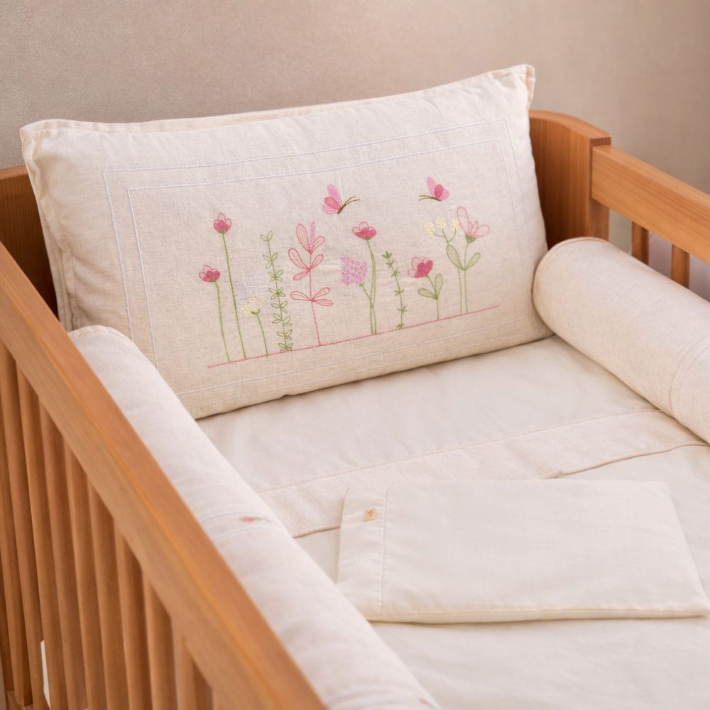 Kit Berço Menina Luxo Linho 8 Peças 100% Algodão Bordado Premium l Brubrelel Baby