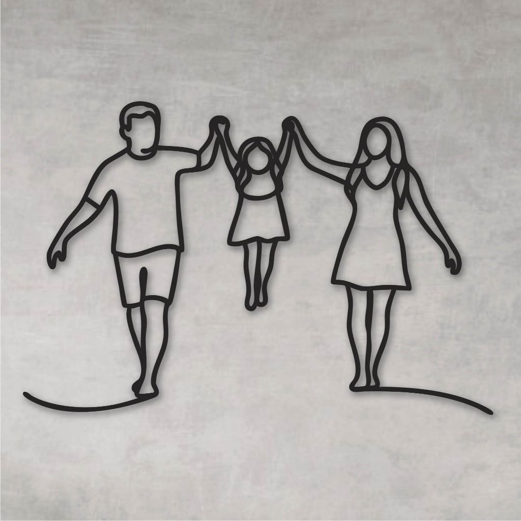Quadro Decorativo Vazado Família Minimalista MDF Escultura de Parede MDF Preto