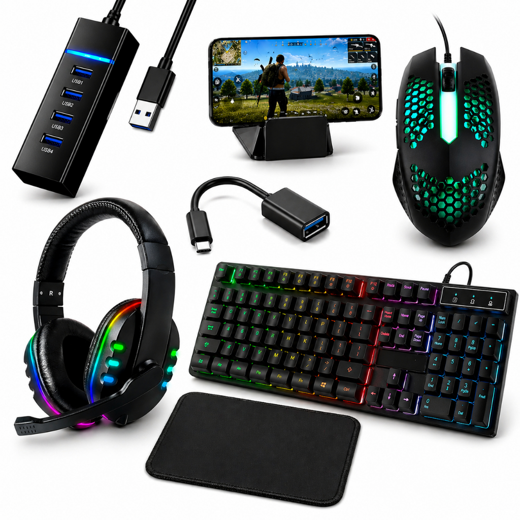Kit Mobilador Gamer Completo Com Mouse Teclado Led Rgb Fone Headset Usb Tipo C Free Fire