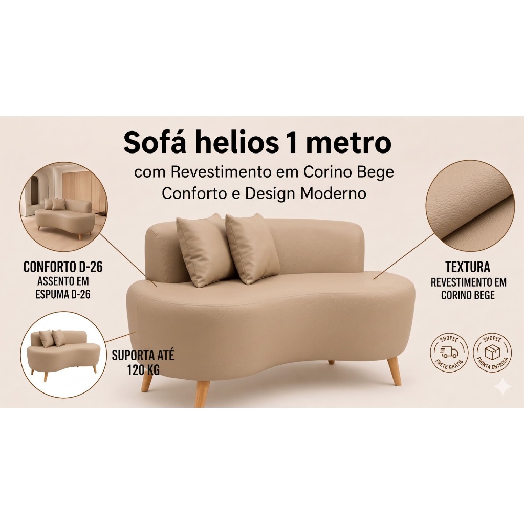 🔥 Sofá Helios XII 1m Corino Bege | Fácil Limpeza, Pé 12cm Alto e Estrutura Reforçada
