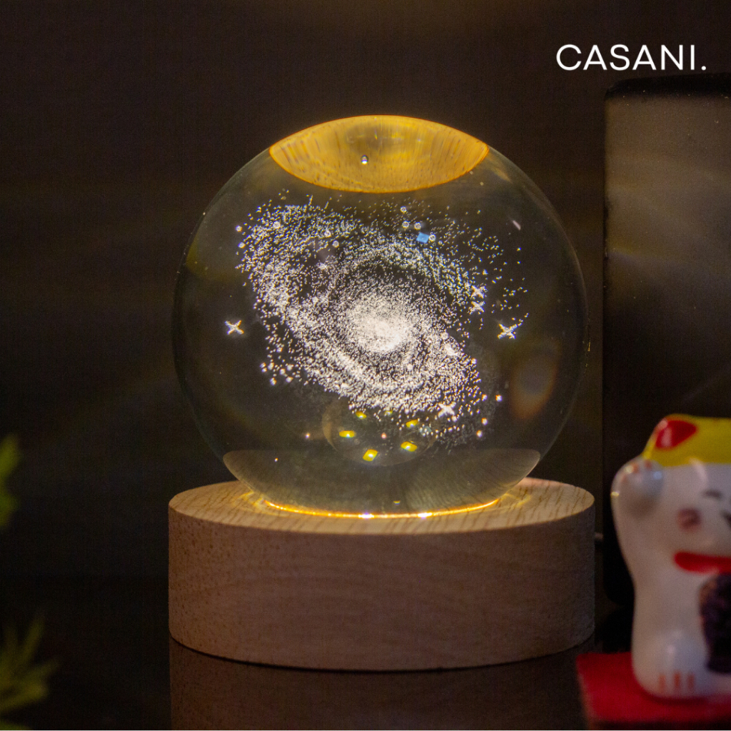 Luminária Bola de Cristal Led Mesa Globo Vidro 3d Base Madeira Decoração Abajur Presente Enfeite Lua