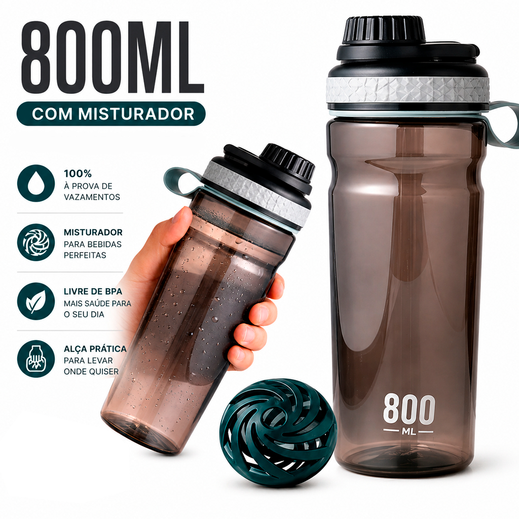 Garrafa Shake 800ml com Misturador Coqueteleira Squeeze Preta Academia mixer Ball Antivazamento