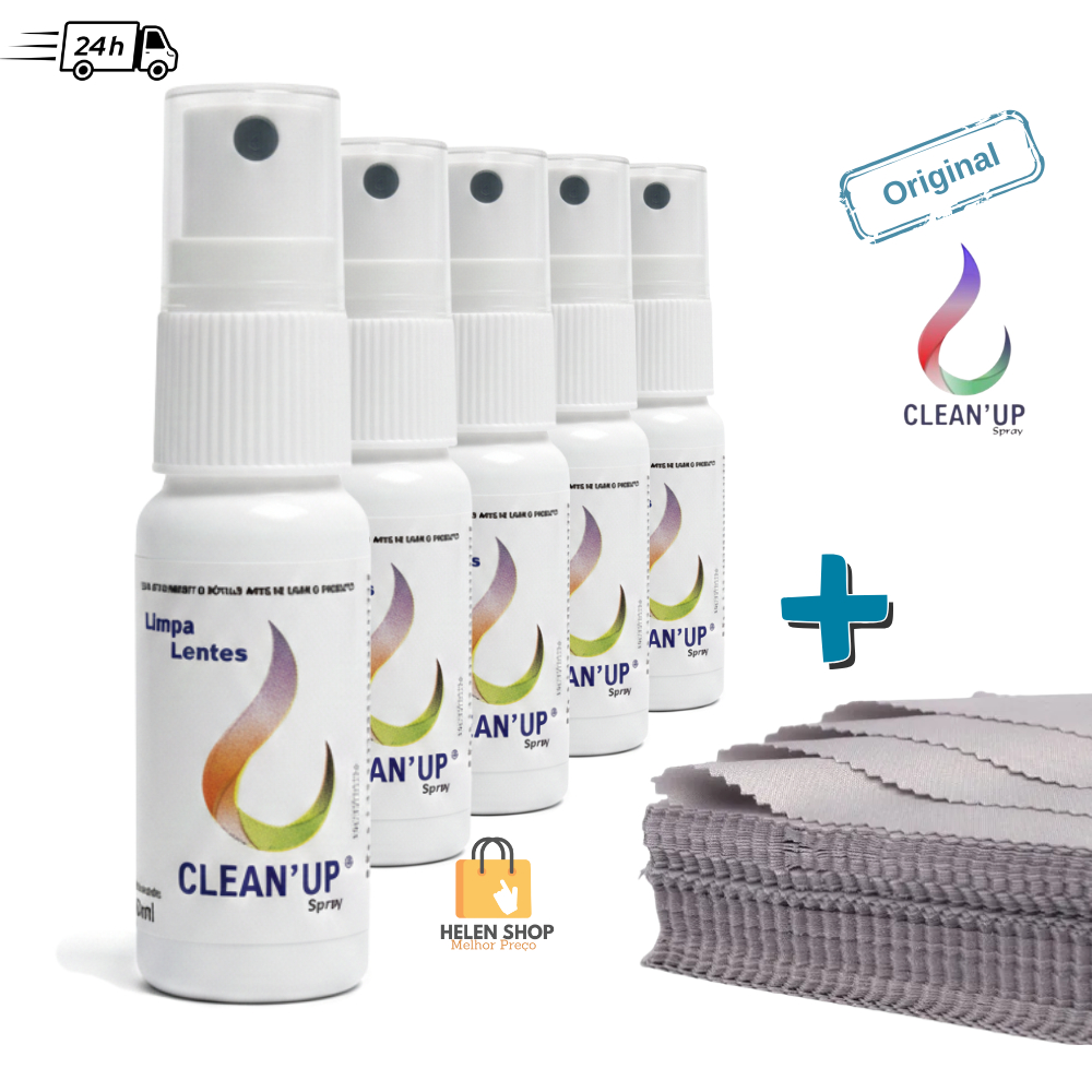 Kit 5x Limpa lentes 25ml + 5 flanelas poliester para  óculos tela celular tablet Notebook - Clean up