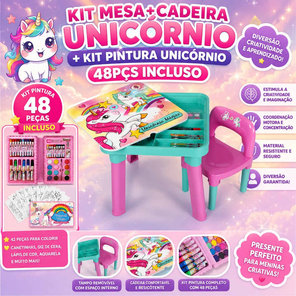 Kit Mesa Infantil Unicórnio + Cadeira + Kit Pintura 48 Pçs + Kit Adesivos Educativo Didático Menina