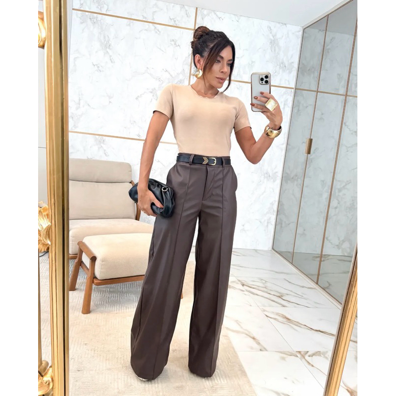 LORELILO Calça Feminina Pantalona com cinto Couro Wide Leg Reta Boca Larga Cintura Alta , Moda