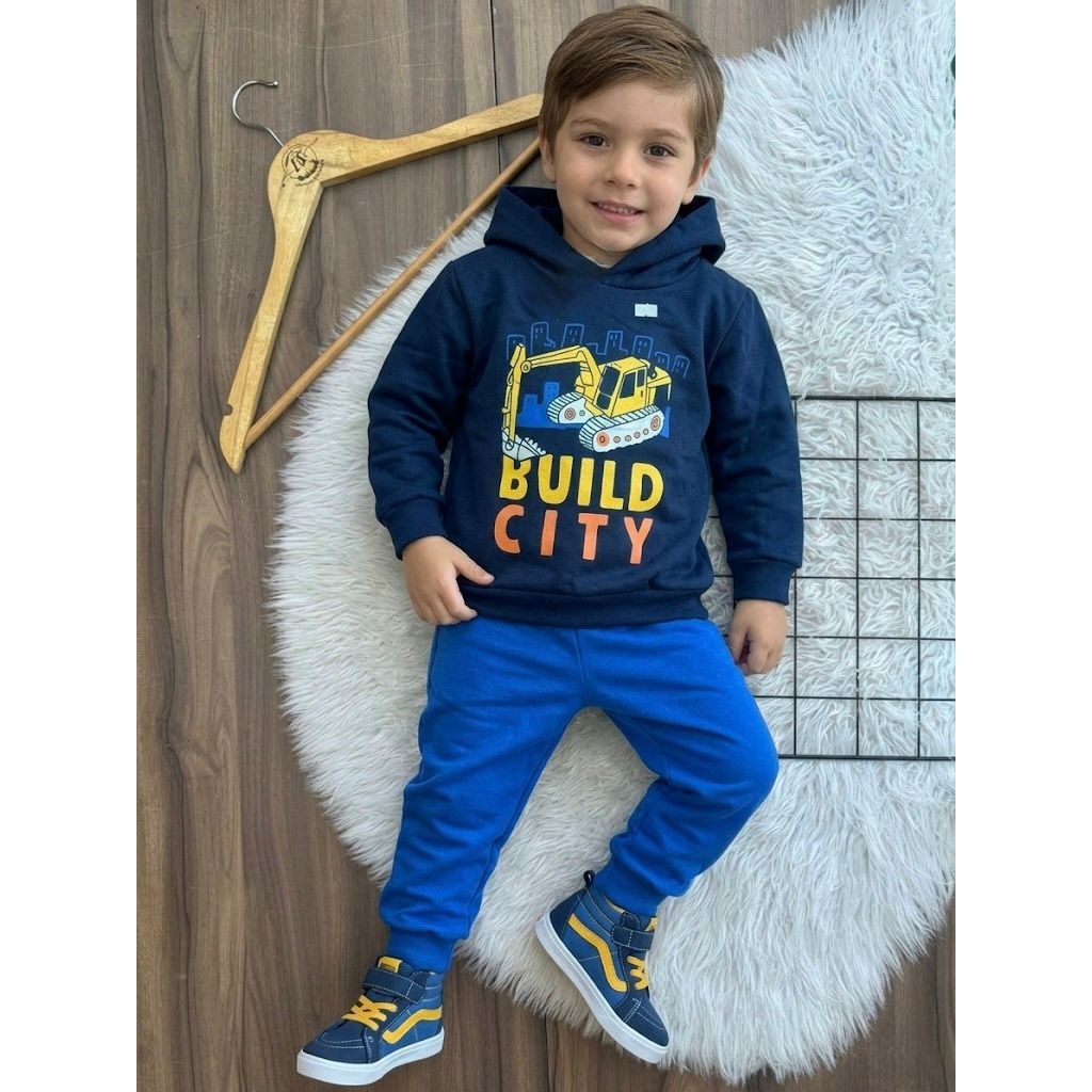 conjunto moletom infantil com capuz menino inverno azul maquina