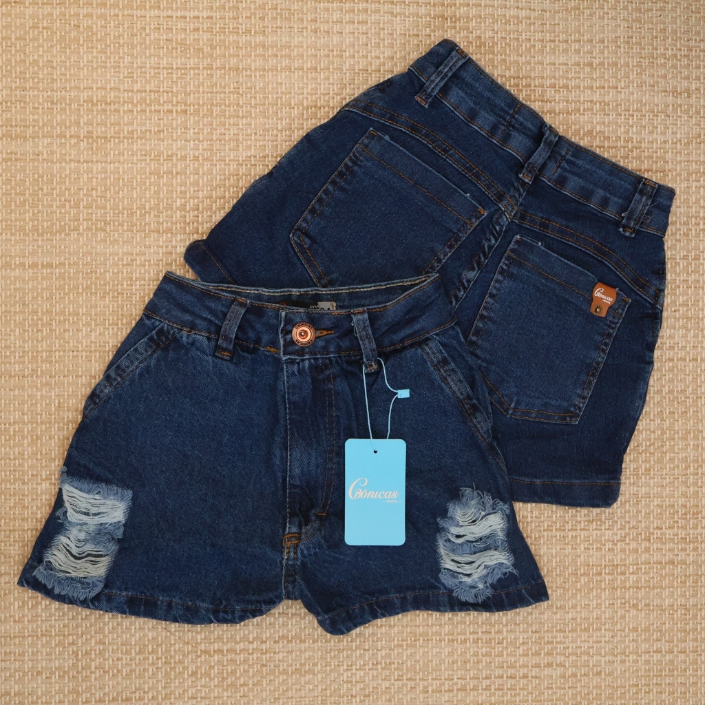 Short desfiado escuro  bolso faca puido - Short jeans feminino curto tendencia rasgado cronicas jeans