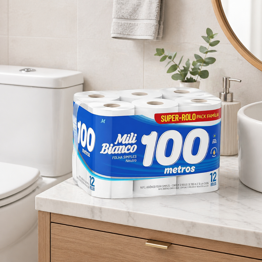 Papel Higiênico Mili Bianco 100 Metros com 12 Rolos - Folha Simples Econômico