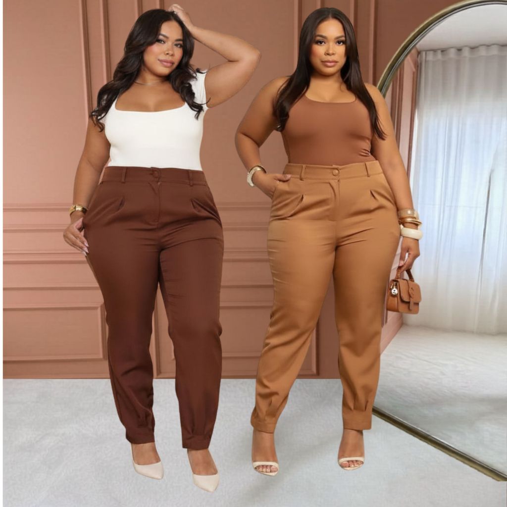 Calça Cenoura Alfaiataria Feminina Plus size Cintura Alta Elegante Barra Plissada