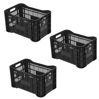 Kit 3 Caixas Plásticas Hortifruti 46L Preta Reforçada Empilhável Mercado Organização