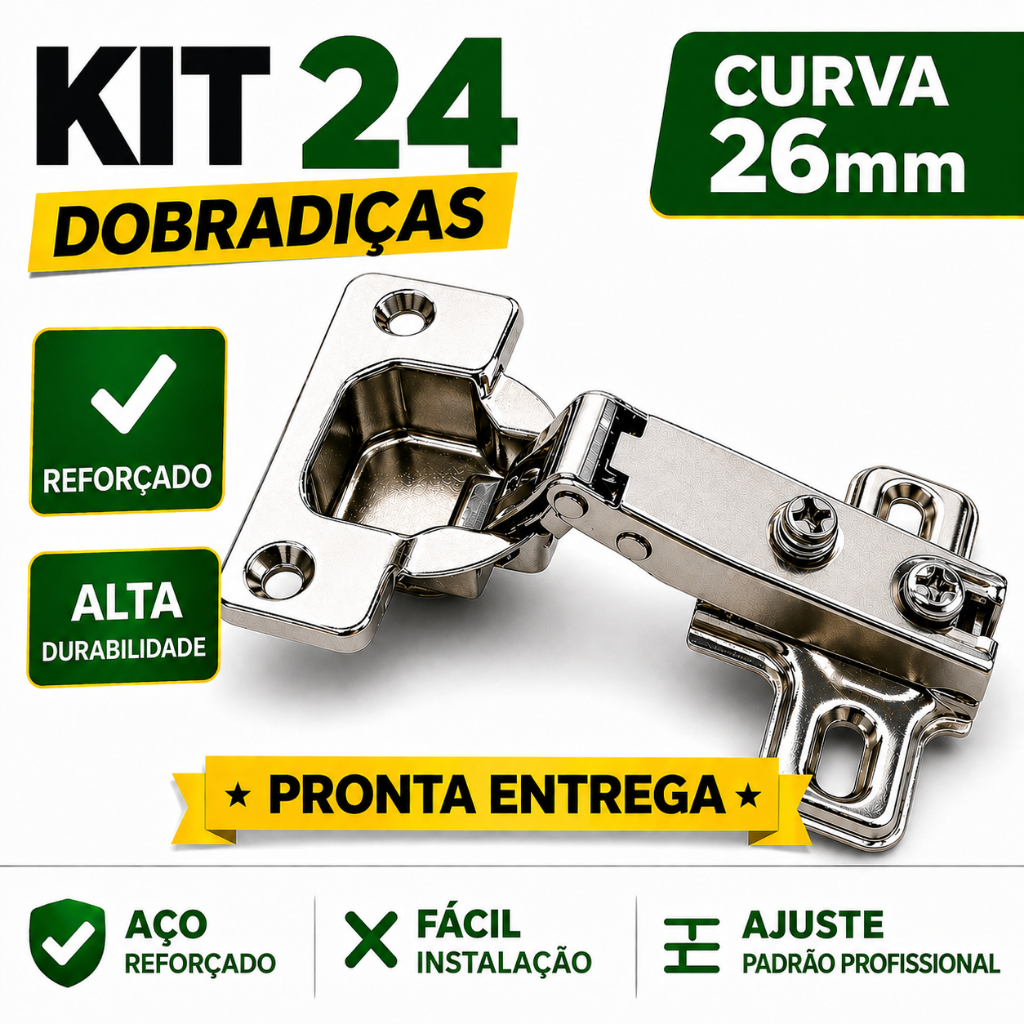 Kit 24 Dobradiça 26mm Curva Armário Porta Móveis Cozinha Guarda Roupa