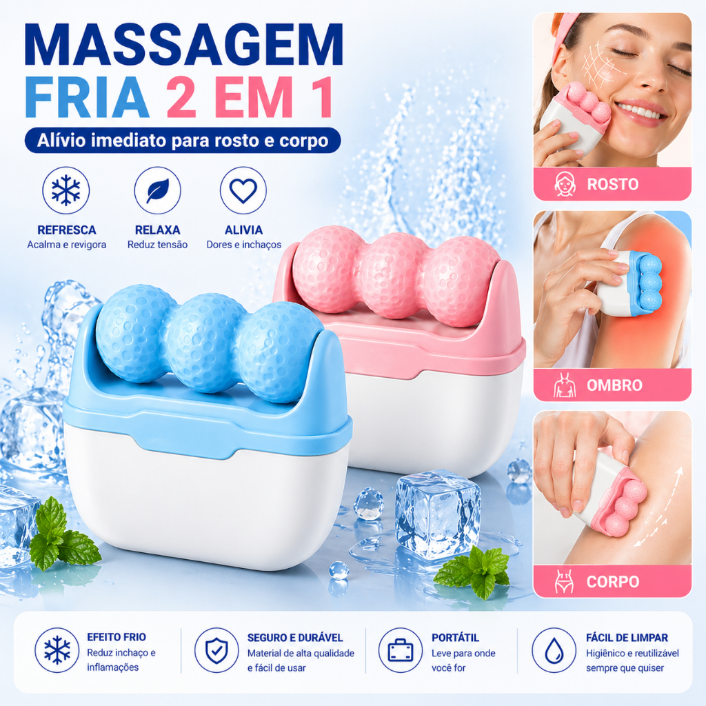 Massageador Facial de Gelo 2 em 1 Rolo Gelado Anti Inchaço Relaxamento Corpo e Rosto