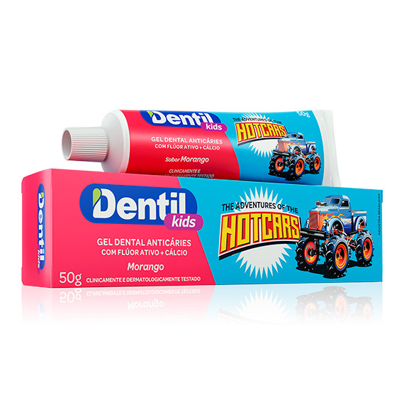 Kit Gel Dental Infantil Dentil Kids 50g Hotcars Morango Com Flúor Ativo