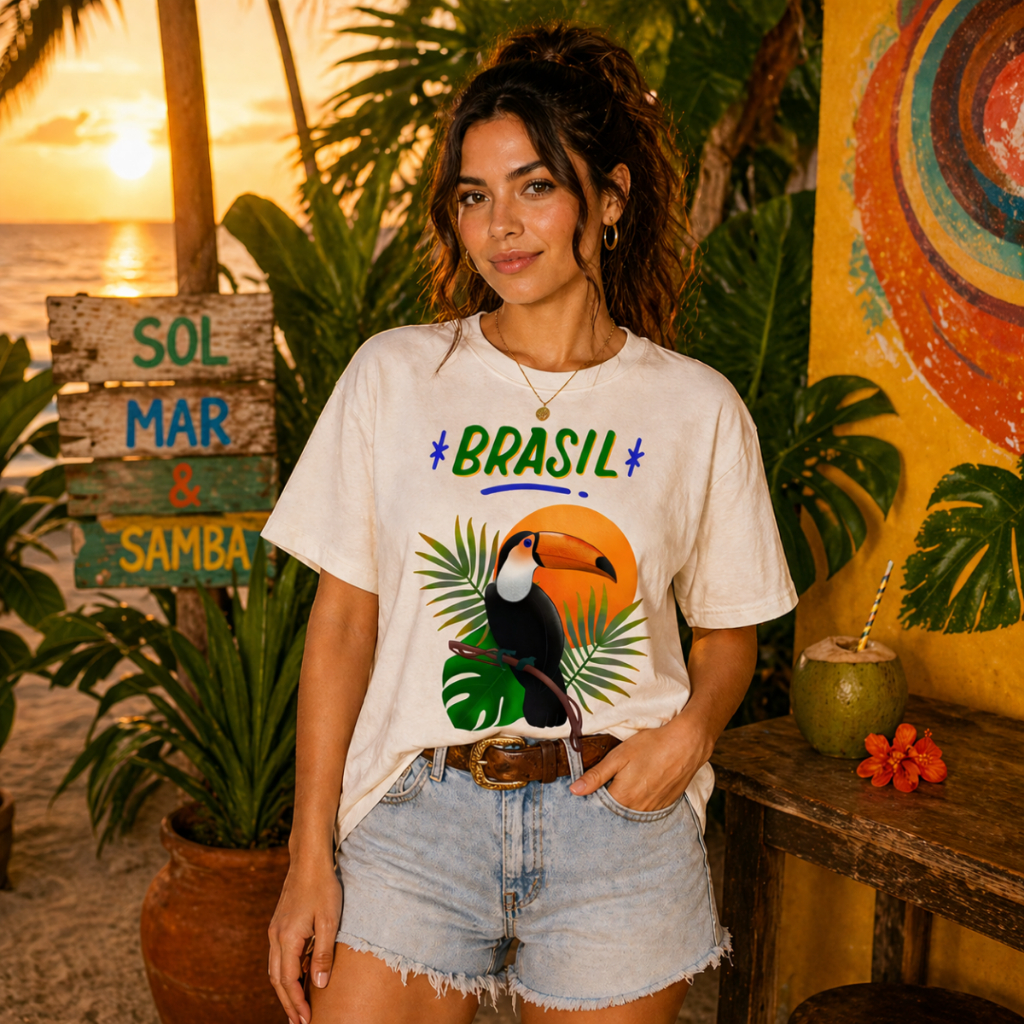Camiseta Feminina Brasil Tropical Tucano Verão Praia 100% Algodão Confortável Estilosa