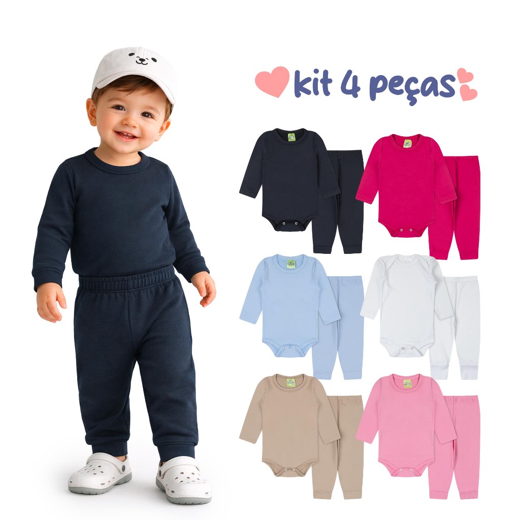 Kit 4 Peças Body Térmico Peluciado Body e Calça Infantil Bebê Menino Menina Neutro Tamanhos RN/P/M/G