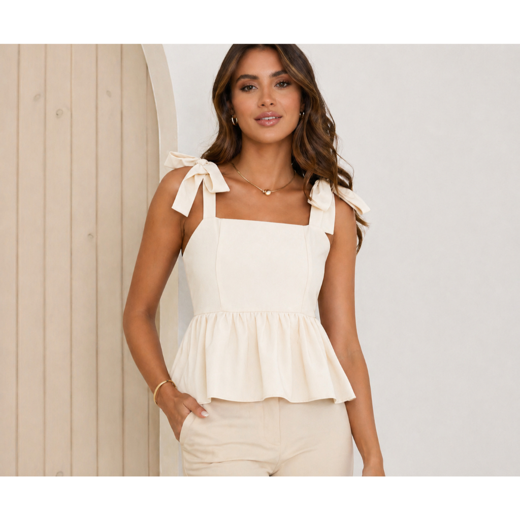 Bata Feminina Peplum com Laço nos Ombros e Decote Reto Elegante