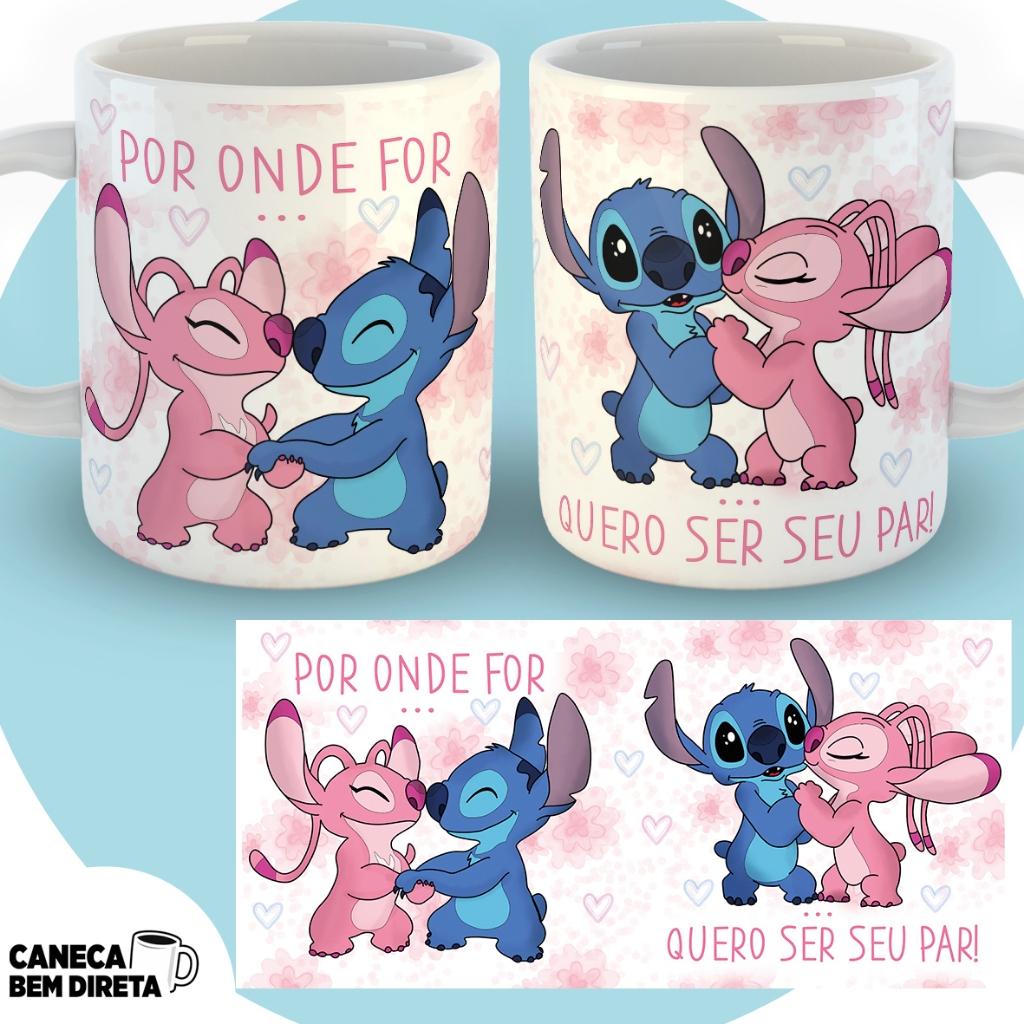 Caneca Casal Stitch e Angel Por Onde For Quero Ser Seu Par Presente Namorados 325ml