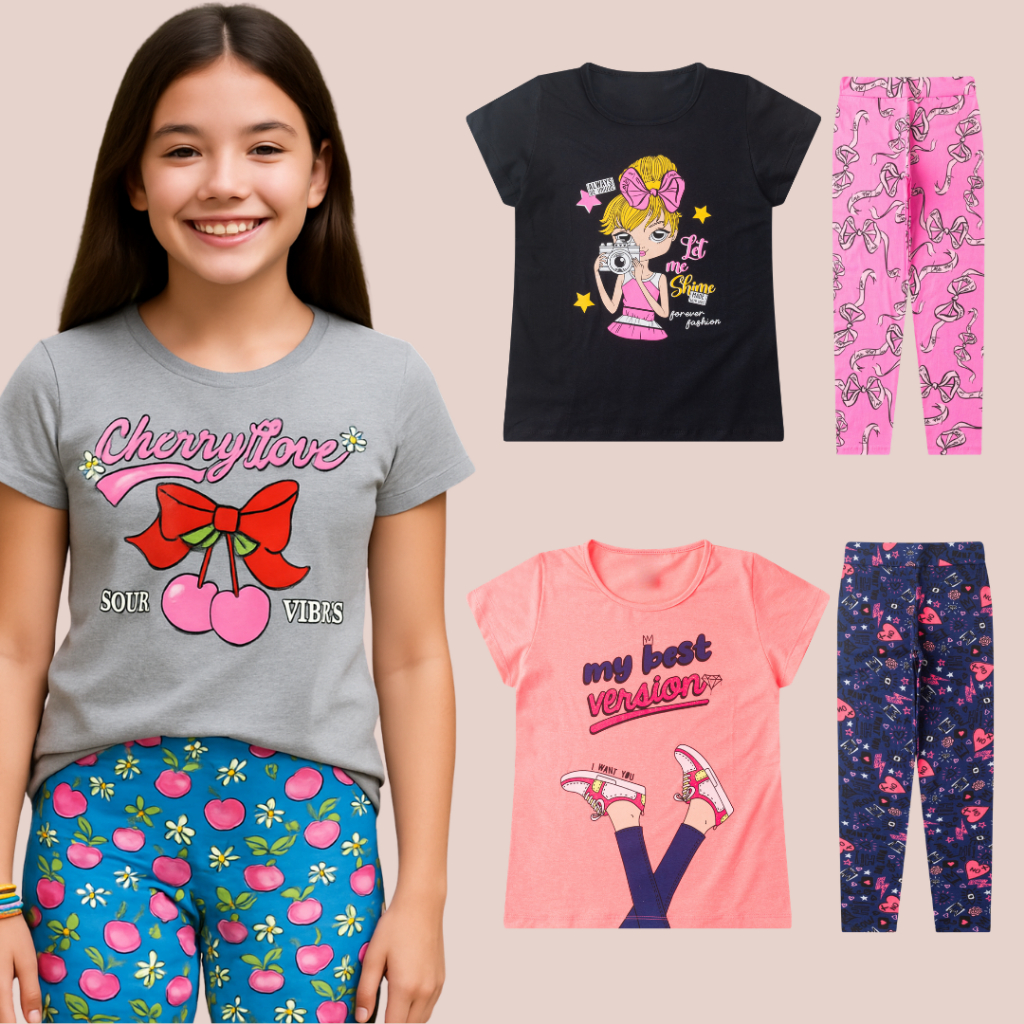 Kit 8 Peças Conjunto Infantil Juvenil Feminino Algodão Shorts Calça Blusa Tamanho 10 ao 16 anos Diva