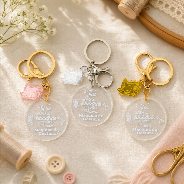 Kit Chaveiros Personalizado Redondo Lembrancinha Acrílico Espelhado Máquina de Costura