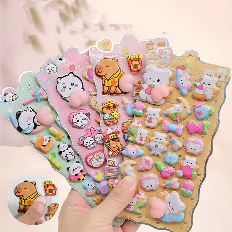 Cartela de adesivos 3D Squishy de Bumbum Anti-stress Kawai Adesivo Capivara Coelho Panda Gatinho Unicórnio