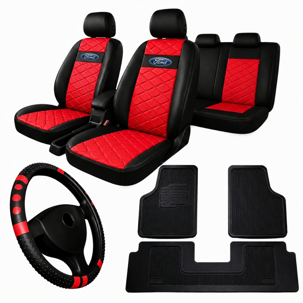 Capa Banco Carro Couro PU 3D Ford Ka Fiesta Ecosport Universal + tapete borracha + capa de volante