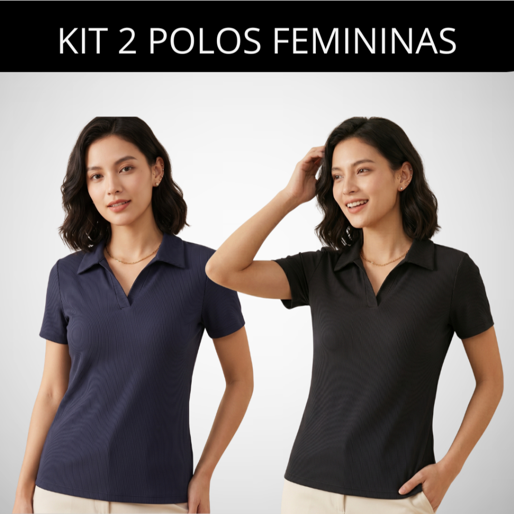 Kit 2 Gola Polo Blusa Feminina Canelada Manga Curta Ribana Trabalho Moda Formal Casual Dia a Dia