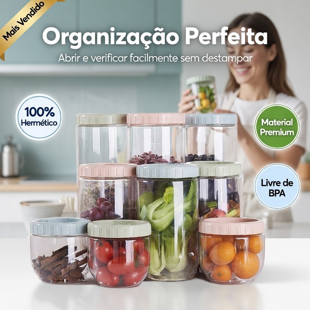 Kit 3 Potes de Mantimentos Hermético com Trava Organização Cozinha Lavanderia Multiuso 450ml 1L 1.6L Plástico Resistente