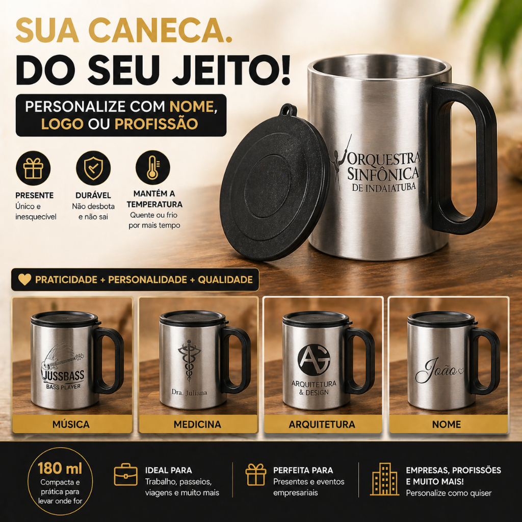 Caneca Térmica Inox Personalizada 180ml com Tampa – Presente com Nome ou Logo