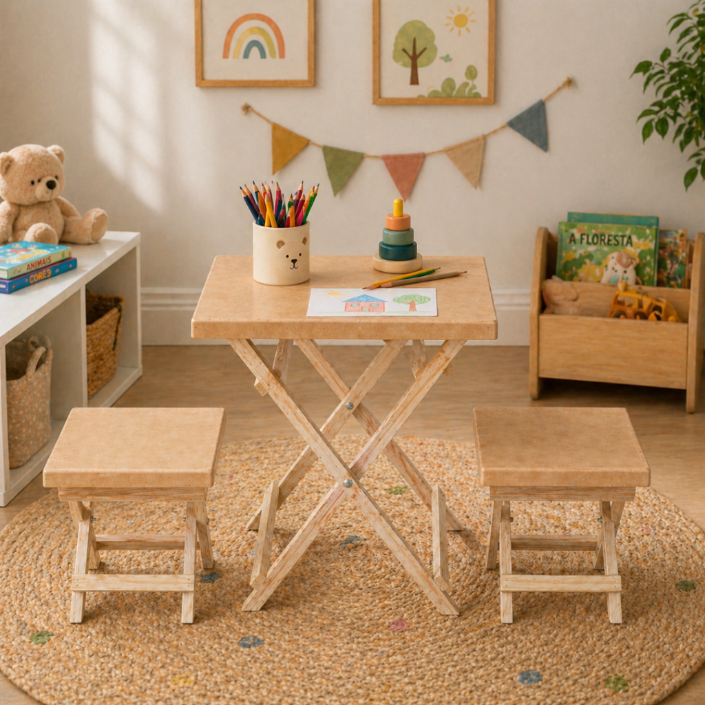 Mesa Infantil Com Banquinho em Pinus  Mesinha Desmontável MDF Educativa Atividades Refeições Brincadeiras Didatica