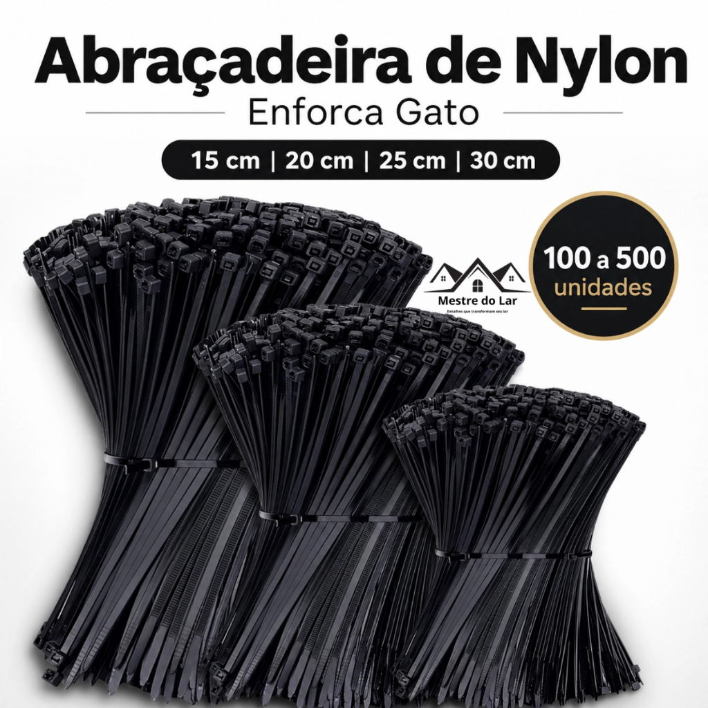 kit Abraçadeira de Nylon Enforca Gato Zip Tie Lacre Plástico Tamanhos Variados 100 a 500 Unidades
