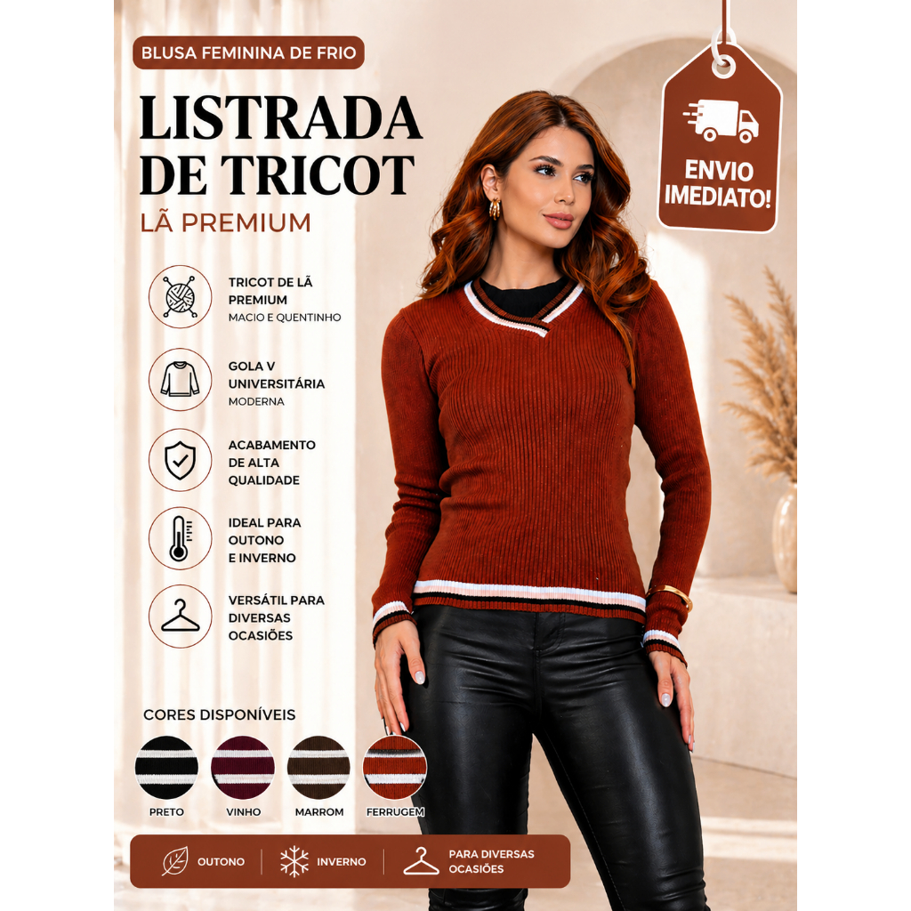 Blusa Feminina de Frio Listrada de Tricot Lã Premium Manga Longa Gola V Úniversitaria Outono Inverno
