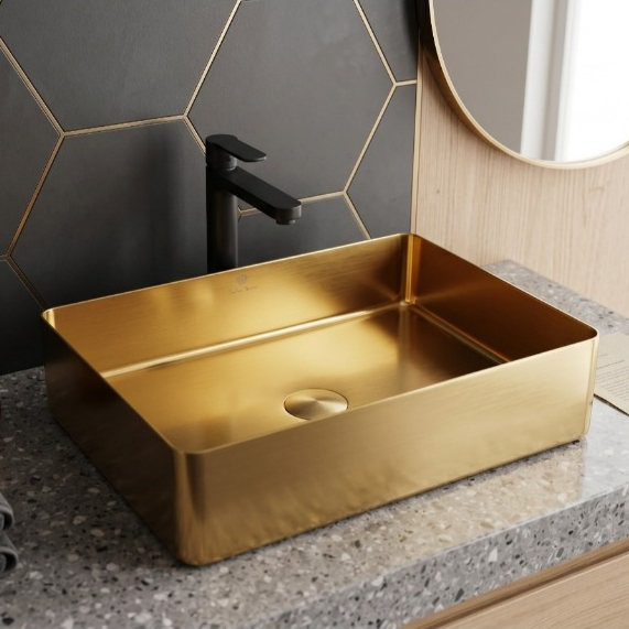 Cuba Retangular Banheiro Lavabo Inox 304 Dourada Sobrepor Luxo Válvula Click
