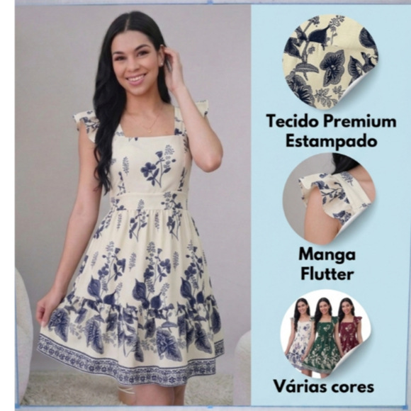 Vestido Curto Feminino Estampado floral Liso  Elastex Nas Costas Forrado , bolho Tendencia Verão
