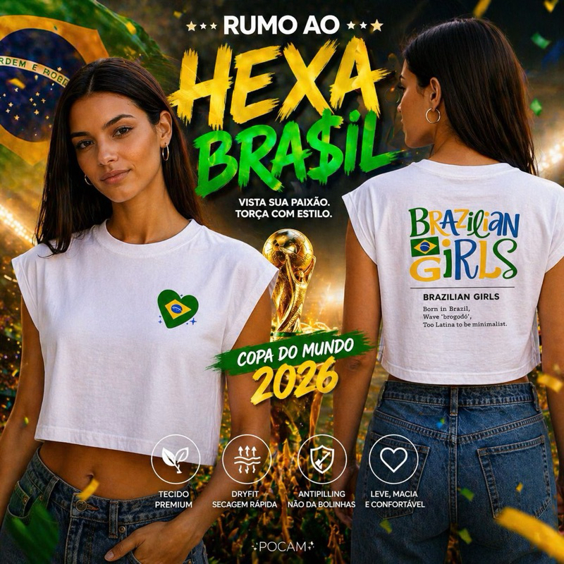 Camiseta Feminina Brasil Girls Dry Fit Anti Pilling Copa do Mundo T-Shirt Estampada Premium