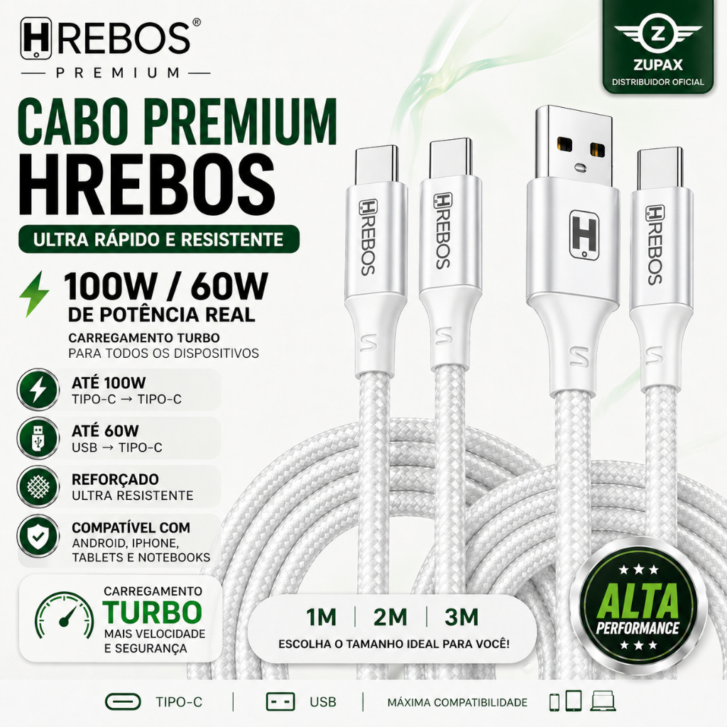 Cabo Tipo-C 100W ou USB-Tipo-C 60W Branco Turbo iPhone 15/16/17 Android Tablet Notebook 1m 2m 3m