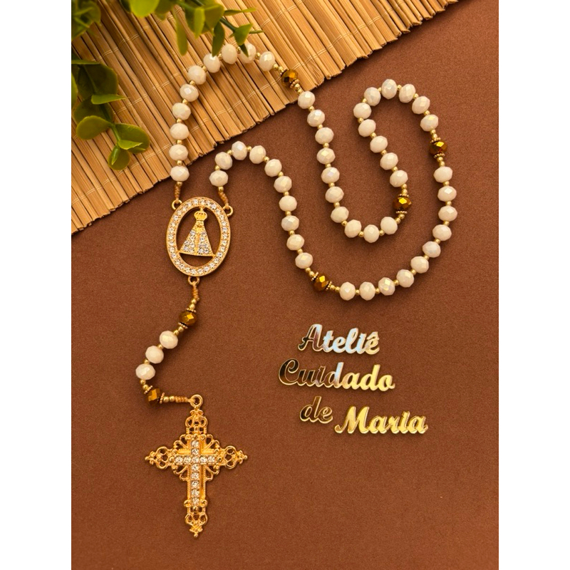 Terço Nossa Senhora Aparecida - Terço católico Artesanal - Virgem Maria - Pedras de strass - Oração Proteção